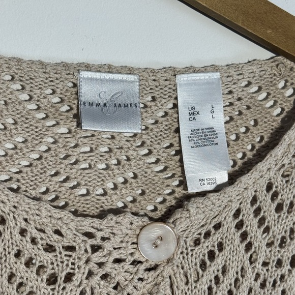 Emma James Womens Large Linen Blend Open Knit Cardigan Button Scallop Hem Tan - Picture 5 of 6